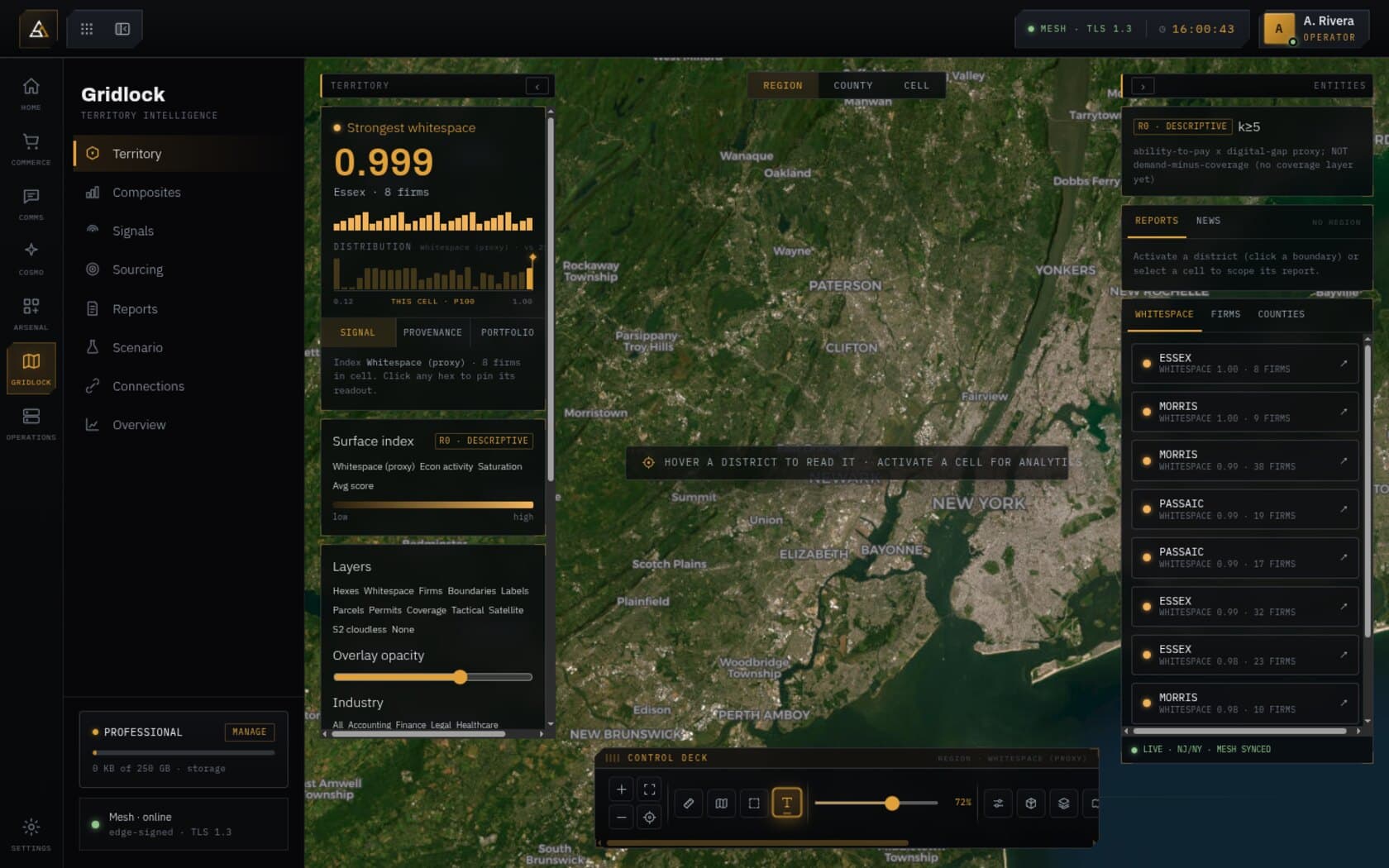 Gridlock — territory intelligence over satellite imagery of the NJ/NY corridor, with county boundaries and whitespace scoring